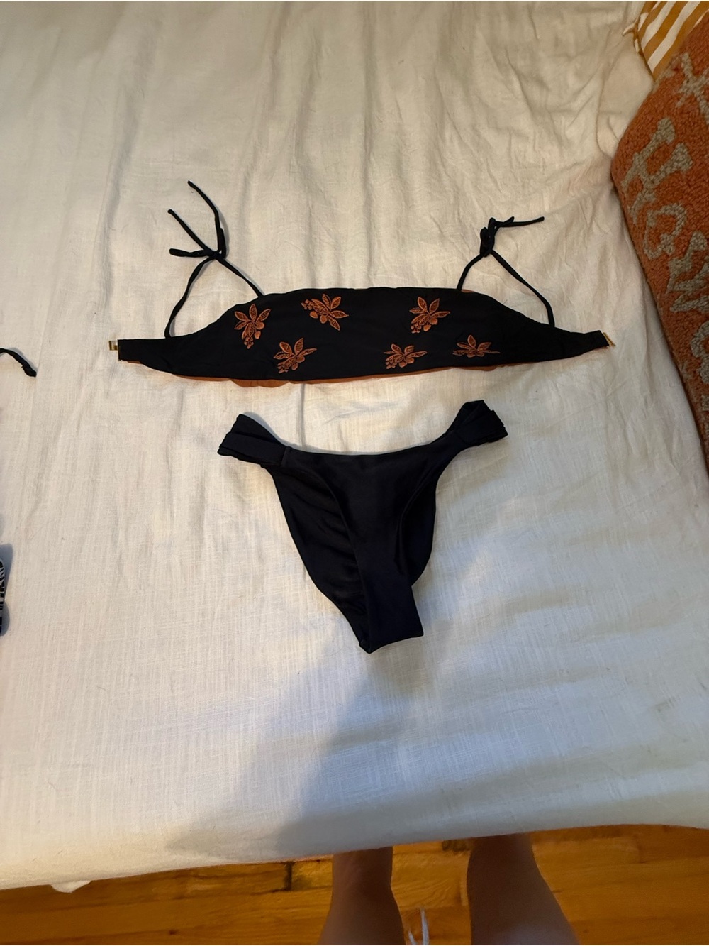Black Two-Piece Bikini with Copper Floral Embroidery
